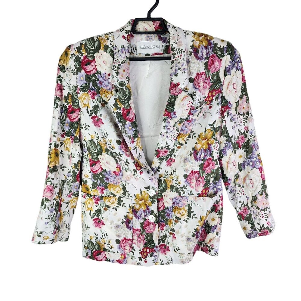 Womens By JH Collectibles Floral Blazer Jacket Rayon Linen Blend Size 10